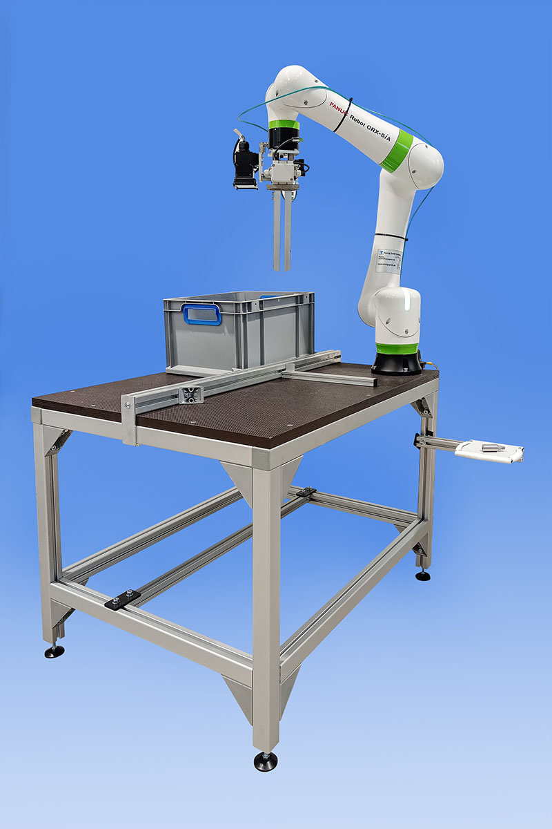 FANUC Roboter mit einer Kamera zum automatischen Entnehmen von Teilen aus einer Werkzeugmaschine